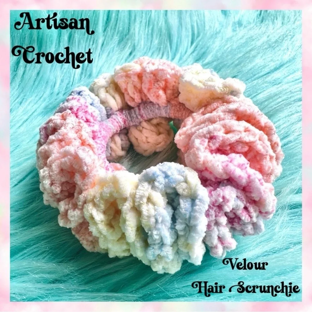Handmade Crochet VELVET Pastel Beach Sunset Hair Scrunchie PinkRainCloud